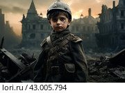 Persevering Military child boy ruined city. Generate Ai. Стоковое AI-изображение, AI-художник Иван Рябоконь / Фотобанк Лори