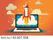 Groundbreaking Rocket laptop startup business. Generate Ai. Стоковое AI-изображение, AI-художник Иван Рябоконь / Фотобанк Лори