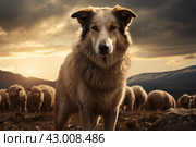 Domesticated Shepherd dog in doghouse. Domestic pet. Стоковое AI-изображение, AI-художник Иван Рябоконь / Фотобанк Лори