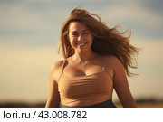 Curvaceous Smiling female chubby model walking. Generate Ai. Стоковое AI-изображение, AI-художник Иван Рябоконь / Фотобанк Лори