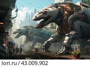 Vibrant Robotic dinosaur urban street. Generate Ai. Стоковое AI-изображение, AI-художник Иван Рябоконь / Фотобанк Лори