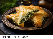 Rich Spanakopita greek pastry. Generate Ai. Стоковое AI-изображение, AI-художник Иван Рябоконь / Фотобанк Лори