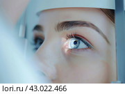 Young woman her eyes checked with ophthalmic equipment. Eye exam and optometry for medical, vision and healthcare consultation, glaucoma check. Beautiful girl testing for eyecare. Optics, examination. Стоковое AI-изображение, AI-художник Марина Демидюк / Фотобанк Лори
