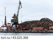 Pile of rusty scrap metal for recycling is stored at transshipment center lies on pier in seaport for further transportation by sea on ships (2019 год). Редакционное фото, фотограф А. А. Пирагис / Фотобанк Лори