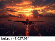 Aeroplane flying sunset. Generate AI. Стоковое AI-изображение, AI-художник Иван Рябоконь / Фотобанк Лори