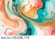 Alcohol ink art full frame background. Currents of emerald green hues, stains, golden swirls, peach fuzz color flowing textures. Aquarelle abstract fluid painting. Can be used as vertical poster. Стоковое AI-изображение, AI-художник Марина Демидюк / Фотобанк Лори