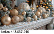 Fireplace Adorned With Gold and Silver Ornaments. Стоковое AI-изображение, AI-художник Юлия Гапеенко / Фотобанк Лори