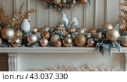 Fireplace Adorned With Gold and Silver Ornaments. Стоковое AI-изображение, AI-художник Юлия Гапеенко / Фотобанк Лори