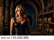 Queen of night, sexy blonde lady in black posing in dark underground room with skulls and bones in medieval castle, thought looking away. Image of Witchcraft Halloween horror concept. Copy text space. Стоковое AI-изображение, AI-художник Aleksandr Golubev / Фотобанк Лори