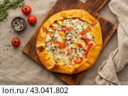 Homemade savory galette with vegetables, wheat pie with tomatoes, zucchini. Стоковое фото, фотограф Natalia Gdovskaia / Фотобанк Лори