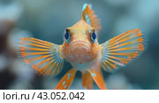 A close-up gold fish in an aquarium tank, blue background. Стоковое AI-видео, аниматор Ирина Михайличенко / Фотобанк Лори