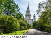 Главное здание МГУ имени М. В. Ломоносова, вид из Ботанического сада/ The main building of Moscow State University, view from the Botanical Garden (2024 год). Редакционное фото, фотограф Iva Noel / Фотобанк Лори