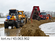 Сильный дождь мешает отсыпке защитной дамбы вдоль дороги.  Разлив реки Тобол в время половодья 2024 года. Тюменская область. Стоковое фото, фотограф Александр Тараканов / Фотобанк Лори