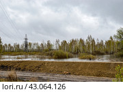 Защитная насыпь дамбы вдоль дороги для сдерживания разлива Тобола. Село Новолыбаево. Тюменская область. 2024 год. Стоковое фото, фотограф Александр Тараканов / Фотобанк Лори