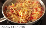 Cabbage with peppers cooked in frying pan. Стоковое видео, видеограф Яков Филимонов / Фотобанк Лори