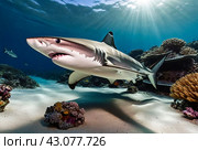 Blacktip ocean shark swimming in tropical underwaters. Sharks in underwater world. Observation of animal world. Scuba diving adventure in South Africa coast of RSA. Стоковое AI-изображение, AI-художник Aleksandr Golubev / Фотобанк Лори