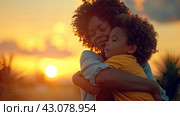 Tender Mother-Child Hug at Sunset: Embracing Love and Warmth, ai-generated item. Стоковое AI-изображение, AI-художник Юлия Паутова / Фотобанк Лори