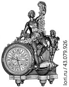 Ancient Bronze Art. Pendulum clock. Gilt bronze. France, 18th century. Publication of the book "Meyers Konversations-Lexikon", Volume 7, Leipzig, Germany, 1910. Стоковая иллюстрация, иллюстратор Sergey Kohl / Фотобанк Лори