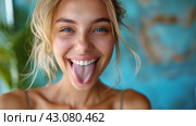 Woman Making Funny Face With Tongue Out. Стоковое AI-изображение, AI-художник Юлия Гапеенко / Фотобанк Лори
