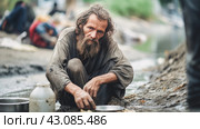 A poor, beggar, hungry, dirty man in old clothes and rags, begs for alms. Стоковое AI-изображение, AI-художник ALLA YURTAYEVA / Фотобанк Лори