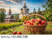 The concept of the Russian Orthodox holiday yablochny spas. A beautiful wicker basket made of vines with red ripe apples on the background of an Orthodox church. Стоковое AI-изображение, AI-художник Photojuli / Фотобанк Лори