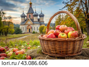 The concept of the Russian Orthodox holiday yablochny spas. A beautiful wicker basket made of vines with red ripe apples on the background of an Orthodox church. Стоковое AI-изображение, AI-художник Photojuli / Фотобанк Лори