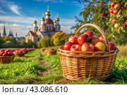 The concept of the Russian Orthodox holiday yablochny spas. A beautiful wicker basket made of vines with red ripe apples on the background of an Orthodox church. Стоковое AI-изображение, AI-художник Photojuli / Фотобанк Лори