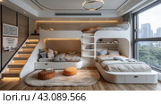 Bedroom With Loft Bed and Stairs. Стоковое AI-изображение, AI-художник Юлия Гапеенко / Фотобанк Лори