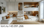 Bedroom With Loft Bed and Stairs. Стоковое AI-изображение, AI-художник Юлия Гапеенко / Фотобанк Лори