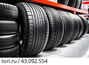 Car tires and rims stand in a row on a display in an auto store. Replacement of wheels and disks. С помощью ИИ. Стоковое AI-изображение, AI-художник Коханова Наталья / Фотобанк Лори