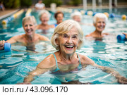 An elderly woman swims and does water aerobics in a heated pool, a happy and smiling retired woman. Recreational water sports. Стоковое AI-изображение, AI-художник Photojuli / Фотобанк Лори