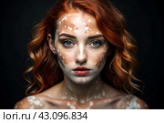 Leukoderma. Vitiligo. Violation of skin pigmentation. Large white spots all over the body and face. Portrait of a beautiful girl with a skin disease. Стоковое AI-изображение, AI-художник Photojuli / Фотобанк Лори