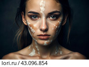 Leukoderma. Vitiligo. Violation of skin pigmentation. Large white spots all over the body and face. Portrait of a beautiful girl with a skin disease. Стоковое AI-изображение, AI-художник Photojuli / Фотобанк Лори