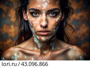 Leukoderma. Vitiligo. Violation of skin pigmentation. Large white spots all over the body and face. Portrait of a beautiful girl with a skin disease. Стоковое AI-изображение, AI-художник Photojuli / Фотобанк Лори