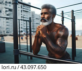 Пожилой мужчина с седыми волосами в отличной физической форме подтягивается на турниках. Стоковое AI-изображение, AI-художник Сергей Сергеев / Фотобанк Лори