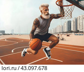 Активная старость: Пожилой мужчина с седыми волосами играет в стритбол. Стоковое AI-изображение, AI-художник Сергей Сергеев / Фотобанк Лори