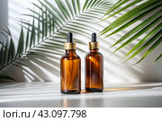 Aromatherapy. A glass bottle with a pipette for oil, lotion and palm leaves on a concrete background. Natural organic eco-cosmetics. The layout of the corporate identity of the beauty salon. Стоковое AI-изображение, AI-художник Photojuli / Фотобанк Лори