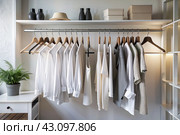 Close-up of white hangers on a white closet. The concept of order and storage in the house. Стоковое AI-изображение, AI-художник Photojuli / Фотобанк Лори