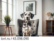 Portrait of a cute joyful Dalmatian dog. A banner with the image of a pet dog in the interior of a white and black living room. Стоковое AI-изображение, AI-художник Photojuli / Фотобанк Лори