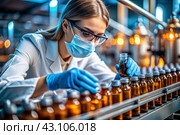 Production of medicines. A pharmacist checks medical vials on an automatic conveyor of a pharmaceutical factory production line using artificial intelligence. Стоковое AI-изображение, AI-художник Photojuli / Фотобанк Лори