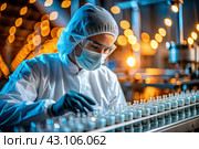 Production of medicines. A pharmacist checks medical vials on an automatic conveyor of a pharmaceutical factory production line using artificial intelligence. Стоковое AI-изображение, AI-художник Photojuli / Фотобанк Лори
