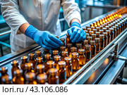 Production of medicines. A pharmacist checks medical vials on an automatic conveyor of a pharmaceutical factory production line using artificial intelligence. Стоковое AI-изображение, AI-художник Photojuli / Фотобанк Лори