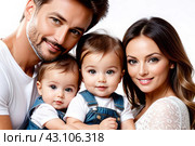Mom and dad with two small children, close-up. Family portrait, the concept of family relations. The program of state support for families with children. Стоковое AI-изображение, AI-художник Анна Маркина / Фотобанк Лори