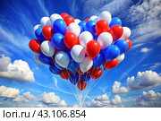 The concept of celebrating Russia Day on June 12. Balloons in the shape of a heart in the colors of the tricolor of Russia. White, blue, red balls fly away into the blue sky. Стоковое AI-изображение, AI-художник Photojuli / Фотобанк Лори