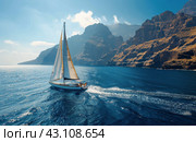 Sailboat Sailing on Open Water. Стоковое AI-изображение, AI-художник Юлия Гапеенко / Фотобанк Лори