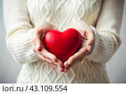 A woman's hands are holding a red heart. World Day of Health, Love and Family Insurance. World Heart and Health Day. National Organ Donor Day. Стоковое AI-изображение, AI-художник Photojuli / Фотобанк Лори