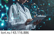 A doctor is using a tablet computer with medical icons, AI. Стоковое AI-изображение, AI-художник Сергей Старуш / Фотобанк Лори