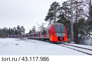 Электропоезд ЭС2Г-006 "Ласточка" на перегоне Сестрорецк - Белоостров, Санкт-Петербург (2018 год). Редакционное фото, фотограф Алексей Иванов / Фотобанк Лори