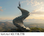 Man on Top of Surreal Spiral Staircase. Стоковое AI-изображение, AI-художник Кирилл Черезов / Фотобанк Лори