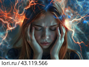 girl has severe headache, migraine, magnetic storm, solar flares. Стоковое AI-изображение, AI-художник Ольга Ильина / Фотобанк Лори